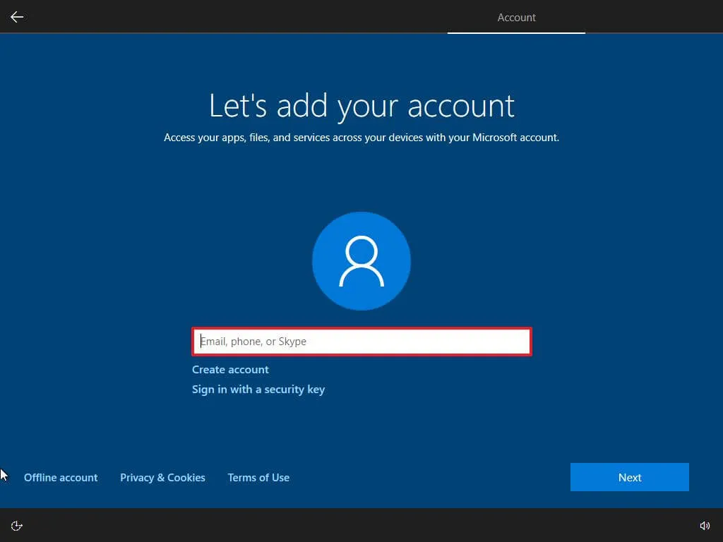 OOBE criar conta do Windows 10