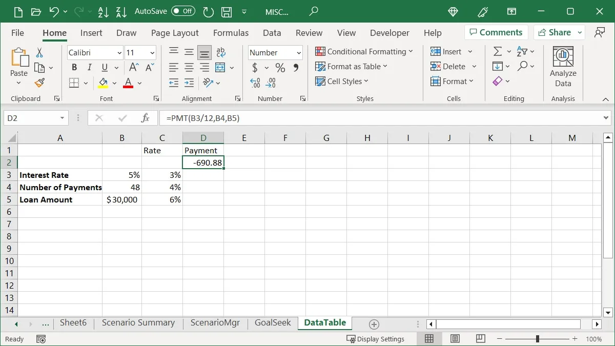 Données pour un tableau de données dans Excel