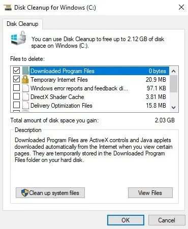 Dienstprogramm zur Datenträgerbereinigung, das die zum Download verfügbaren Dateien anzeigt.