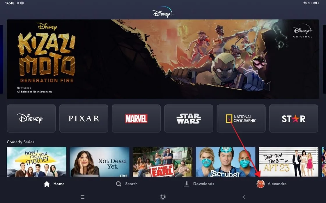 Facendo clic sull'immagine del profilo nell'app Disney Plus per Android.