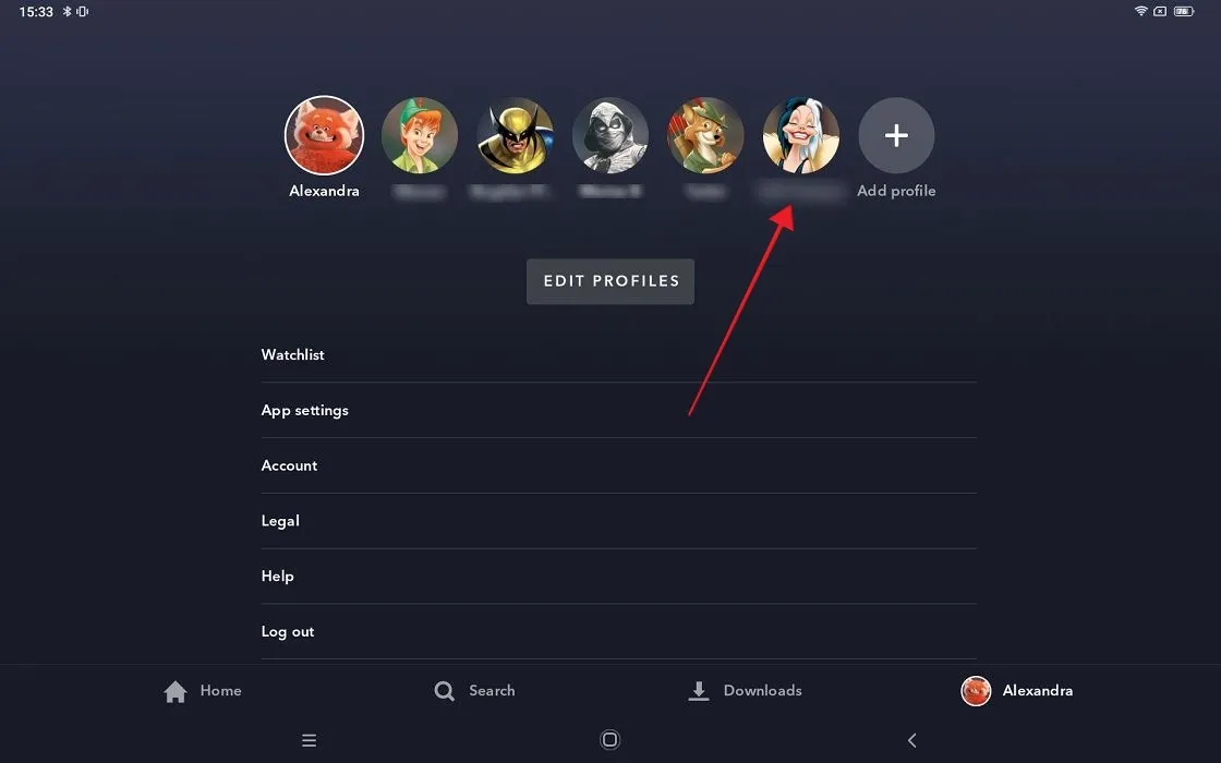 Android 用 Disney Plus モバイル アプリで新しいプロファイルに切り替える。