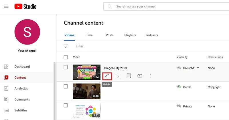 YouTube Studio チャンネル コンテンツにアップロードされた動画の動画の詳細をクリックします。