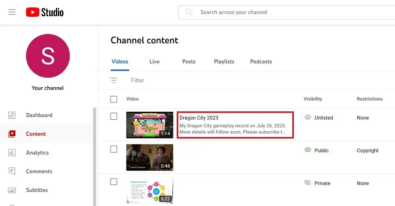 YouTube Studio で公開された動画のチャンネル コンテンツの選択。