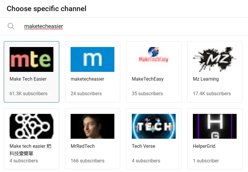 Scelta di un canale come scheda informativa in YouTube Studio.