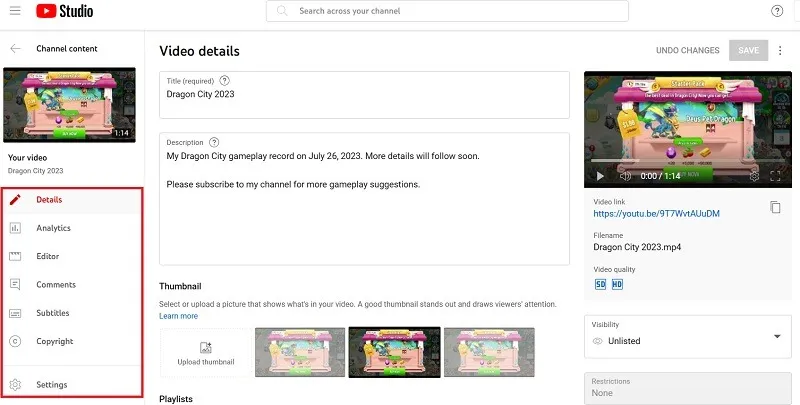 YouTube Studio の左側にある公開動画の詳細オプションが追加されました。