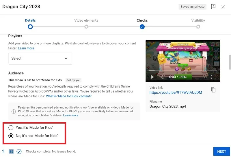 アップロードされた YouTube 動画が子供向けかどうかを選択します。