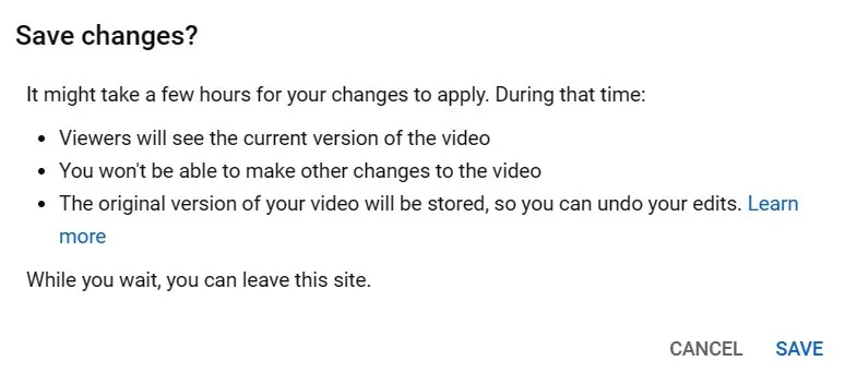 YouTube Studio の動画エディターで変更を保存するという警告が表示されます。