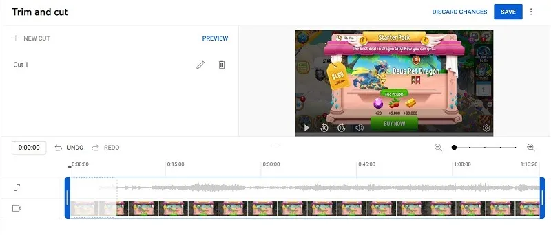 YouTube Studio 動画エディターのタイムラインに表示されるトリミングされた動画。