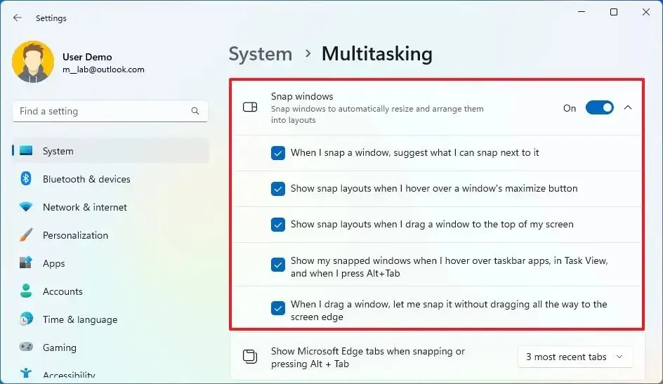 Configurações de snap do Windows 11