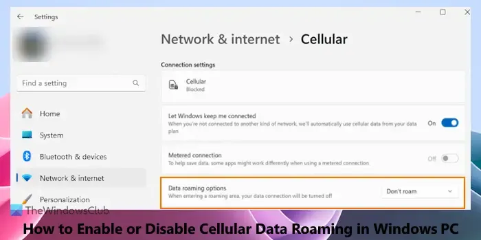 Habilitar ou desabilitar roaming de dados celulares Windows 11