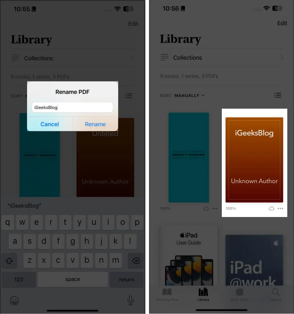 Voer een prompt in en tik op hernoemen in de boeken-app
