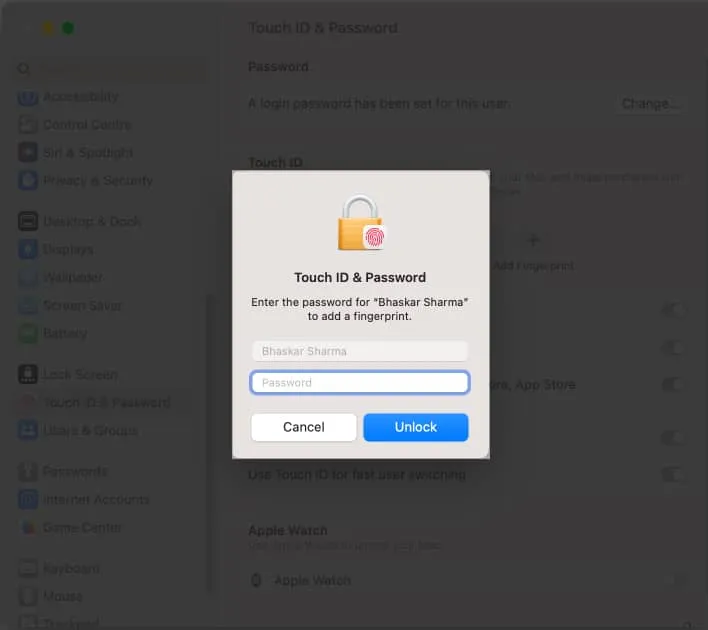 Geben Sie das Passwort Ihres Mac ein und klicken Sie auf „Entsperren“.