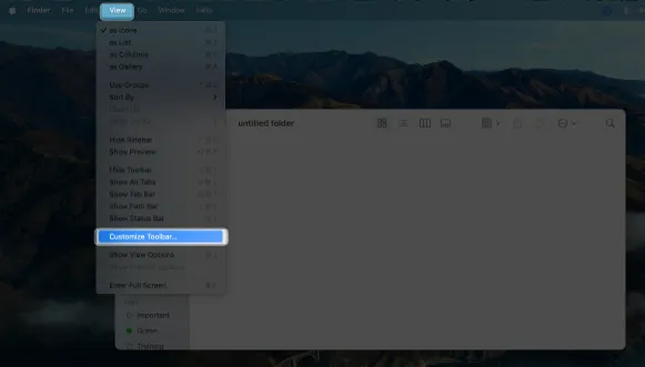 Barra de menus do Finder, clique em Exibir, Personalizar barra de ferramentas