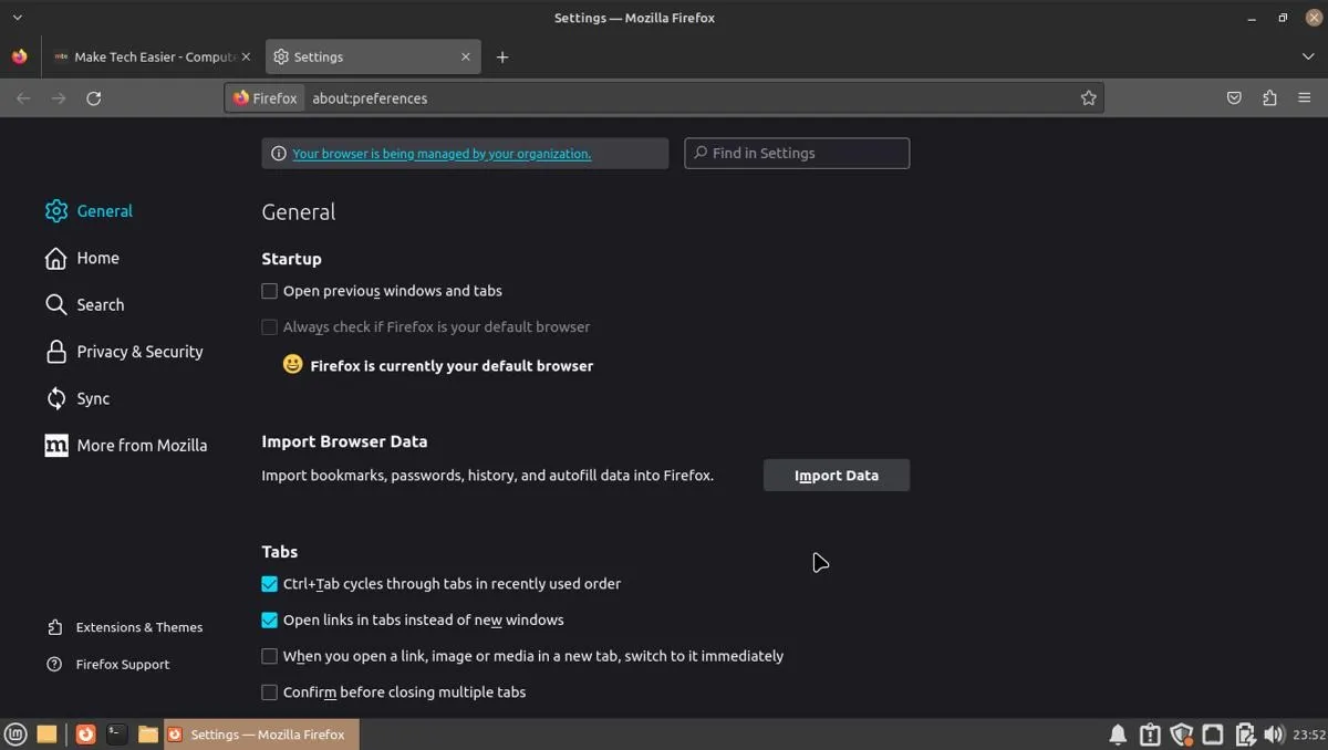 Captura de tela das configurações do Firefox Navegadores da Web do Linux