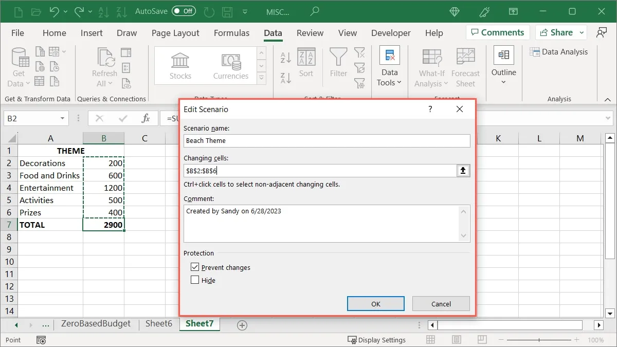 Prima configurazione dello scenario in Excel