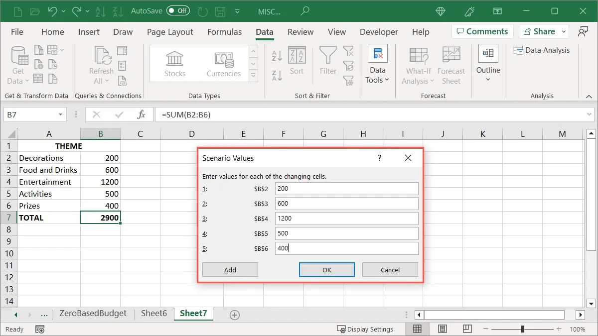 Valori del primo scenario in Excel