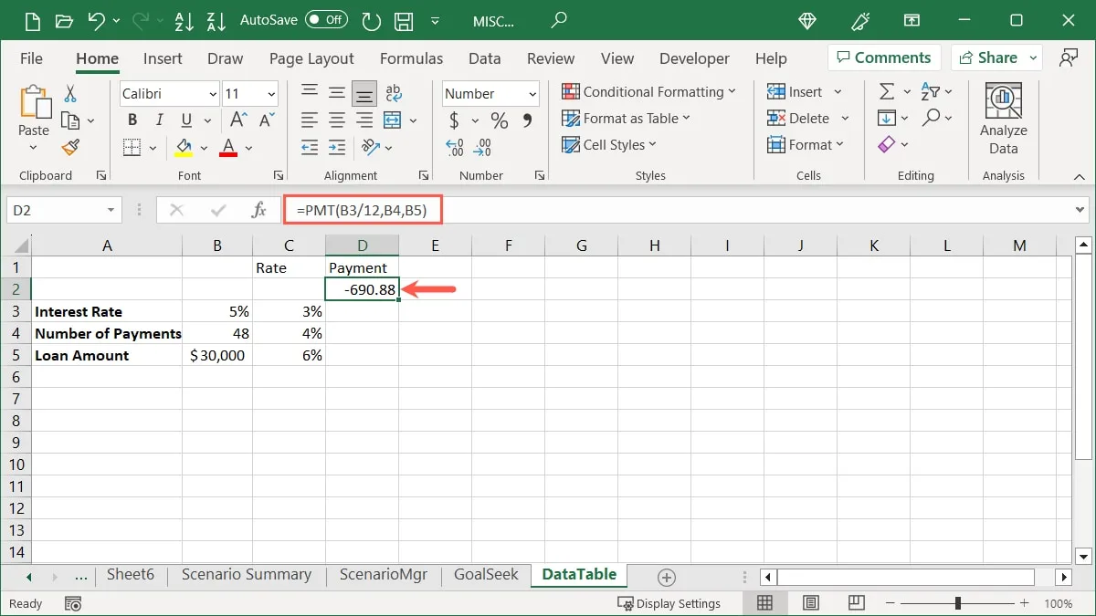 Formule voor een gegevenstabel in Excel