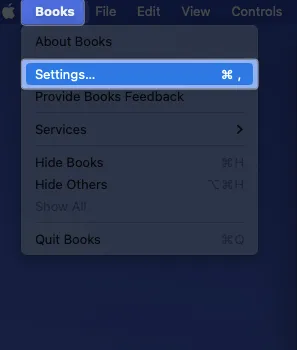 Vá para Configurações em Livros no Mac