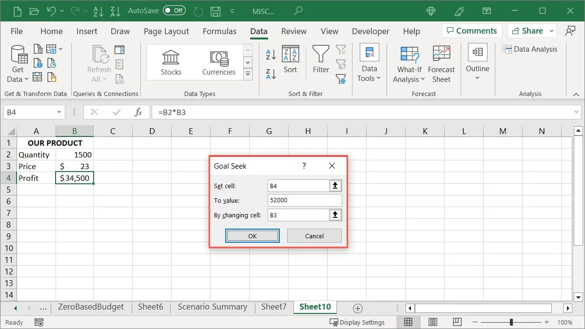 Configuration de la recherche d'objectifs dans Excel