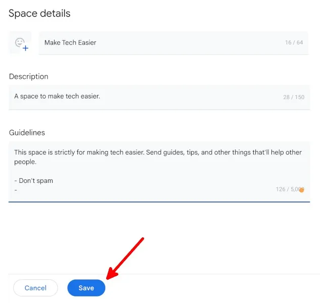 Dettagli dello spazio di Google Spaces Modifica
