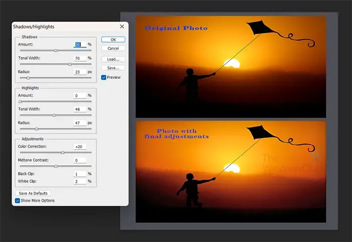 Photoshop でシャドウ ハイライト効果を使用する方法 - 最終的な設定