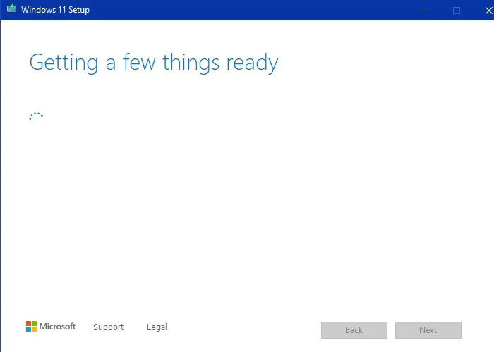 Fenêtre de préparation de l'installation de Windows 11.