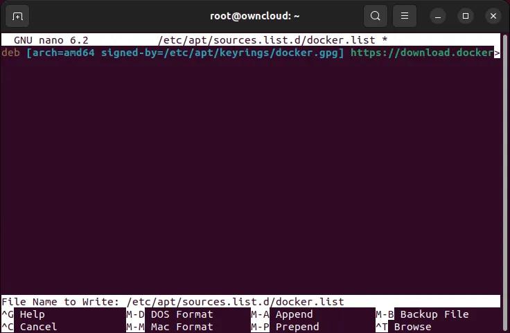 Un terminale che mostra le informazioni sul repository Docker per Ubuntu.