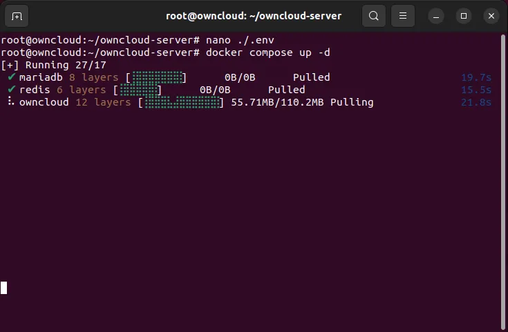 Un terminale che mostra il processo di creazione del contenitore Docker per ownCloud.