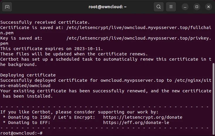 Nginx の certbot SSL 証明書の自動発行プロセスを示すターミナル。