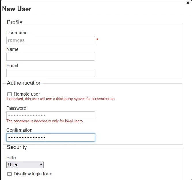 Ein Screenshot, der das Formular „Neuer Benutzer“ in Kanboard zeigt.