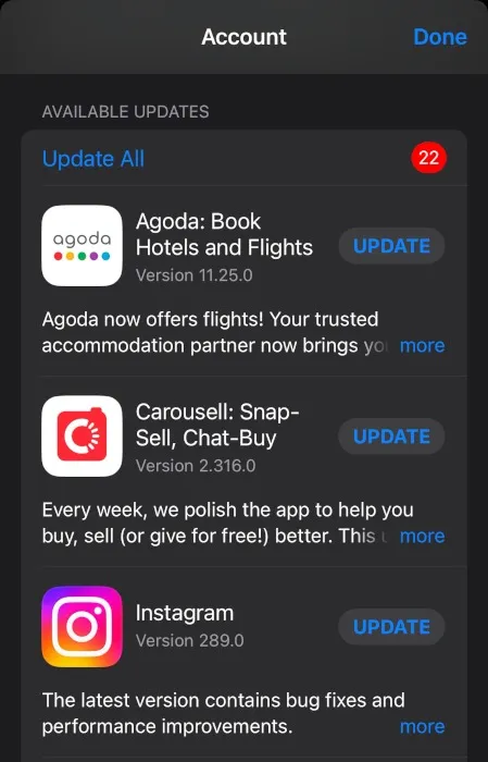 Aggiornamenti disponibili dell'account dell'App Store di iOS Ipados