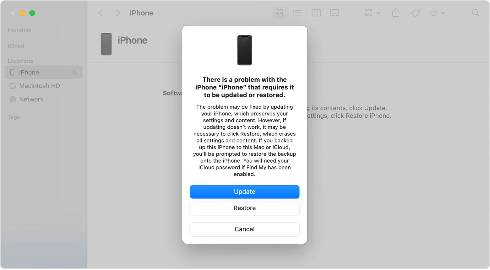 Una finestra del Finder su un Mac che mostra le opzioni per ripristinare o aggiornare il tuo iPhone