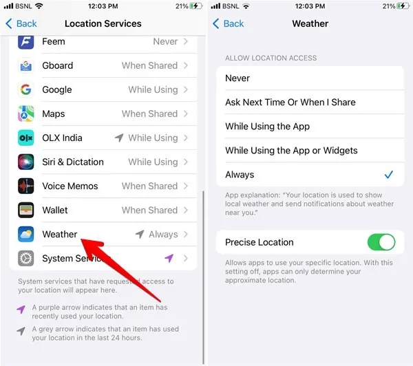 Activation de la météo des services de localisation de l'iPhone