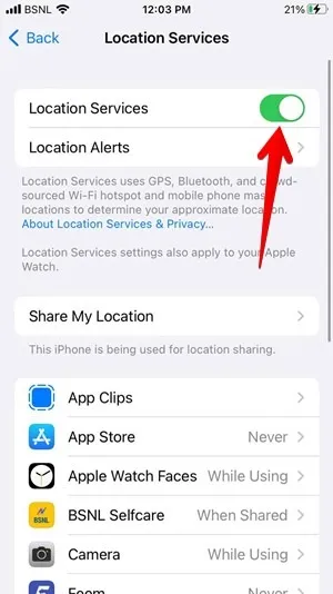 Servizi di localizzazione sulla privacy dell'iPhone