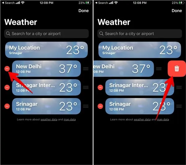Iphone天気アプリの位置情報の削除