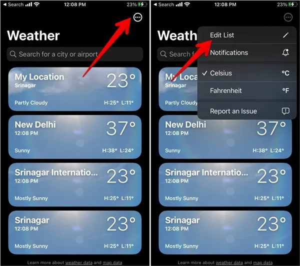 Elenco delle posizioni dell'app meteo per iPhone