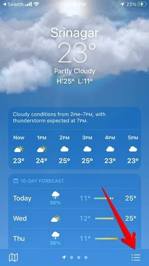 Menu de l'application météo pour iPhone