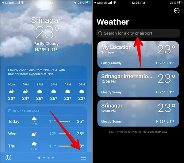 Emplacement de recherche de l'application météo pour iPhone
