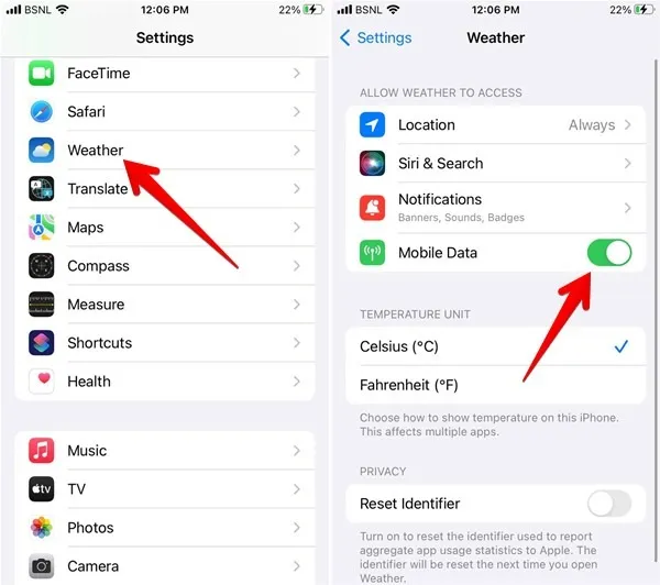 Iphone Weather Abilita i dati mobili