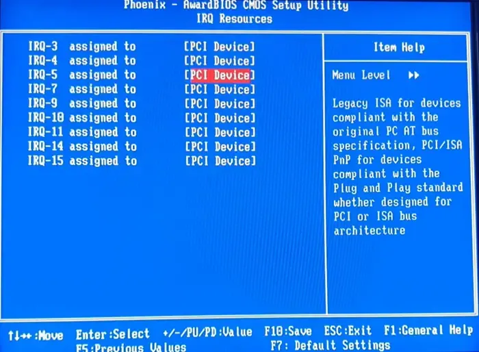 Affectation du numéro d'IRQ dans le BIOS