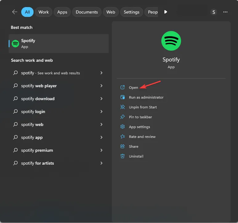 Windows-toets, typ spotify en klik op Open Spotify Error Auth 74
