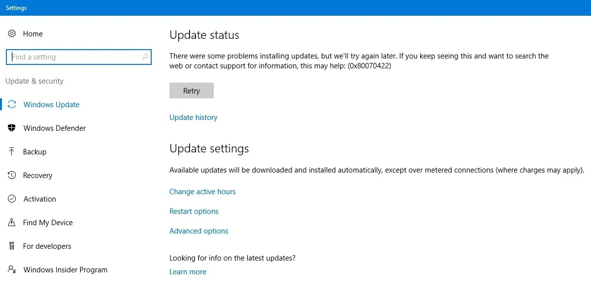 Windows 10 업데이트 상태의 오류 0x80070422.