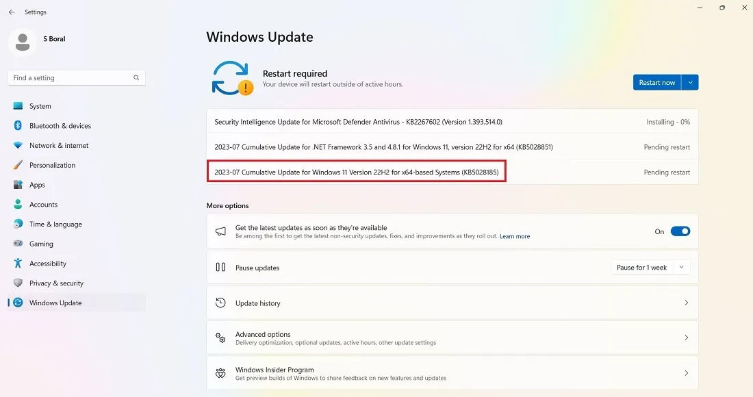 Installation des Updates KB5028185 in Windows 11.