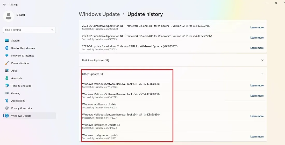 2023년 7월 Windows 11의 다른 업데이트 내역입니다.