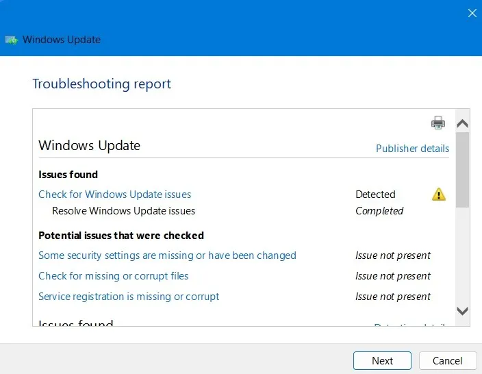Relatório de solução de problemas para a solução de problemas do Windows Update.
