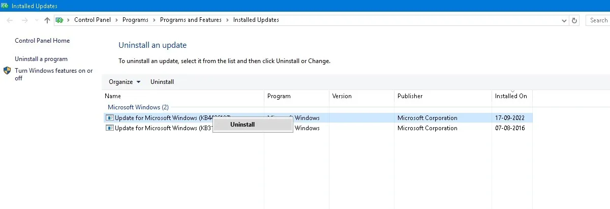 Desinstale atualizações no Windows 10 no Painel de Controle.