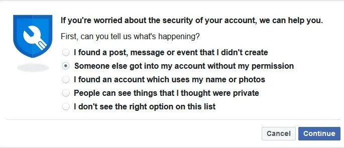 Facebook piraté où vous pouvez demander de l'aide.