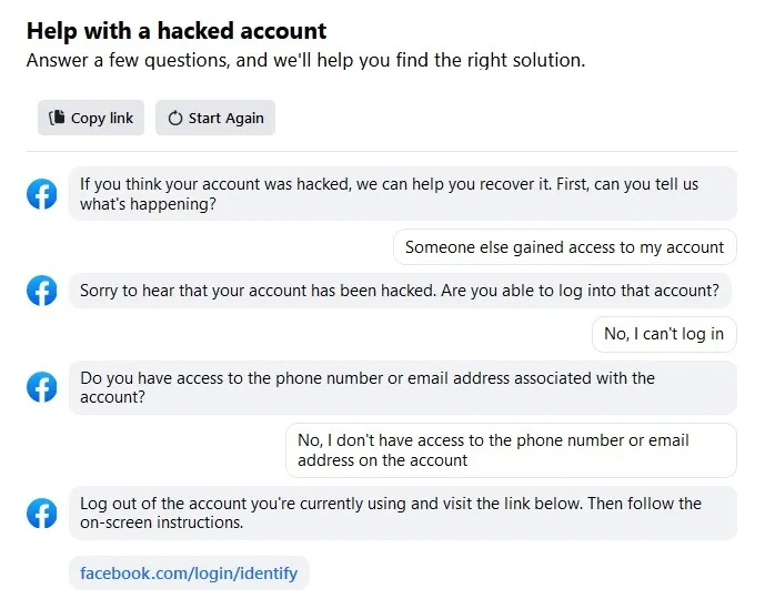 Obtenir de l'aide avec un compte piraté sur la page d'aide de Facebook.