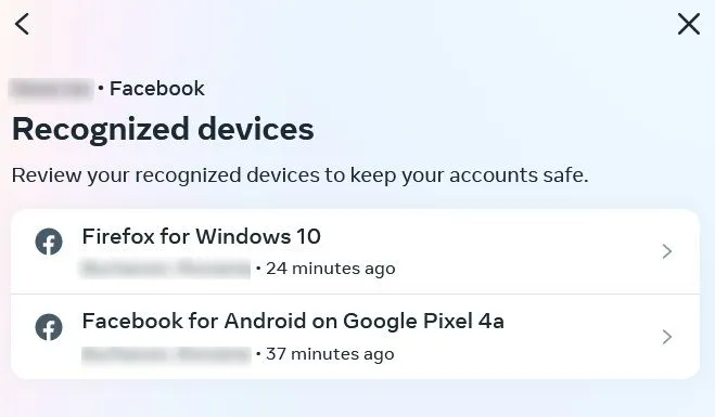 Liste des appareils reconnus utilisés pour se connecter avec un compte Facebook.