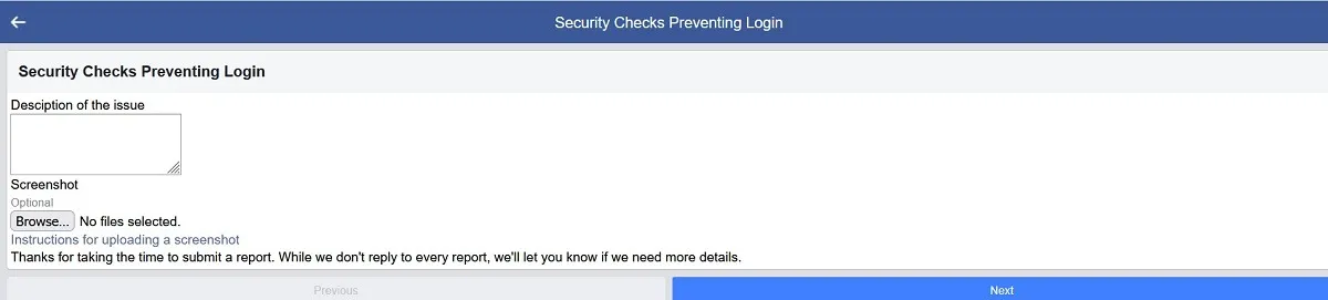 Vérifications de sécurité empêchant la page de connexion sur Facebook.